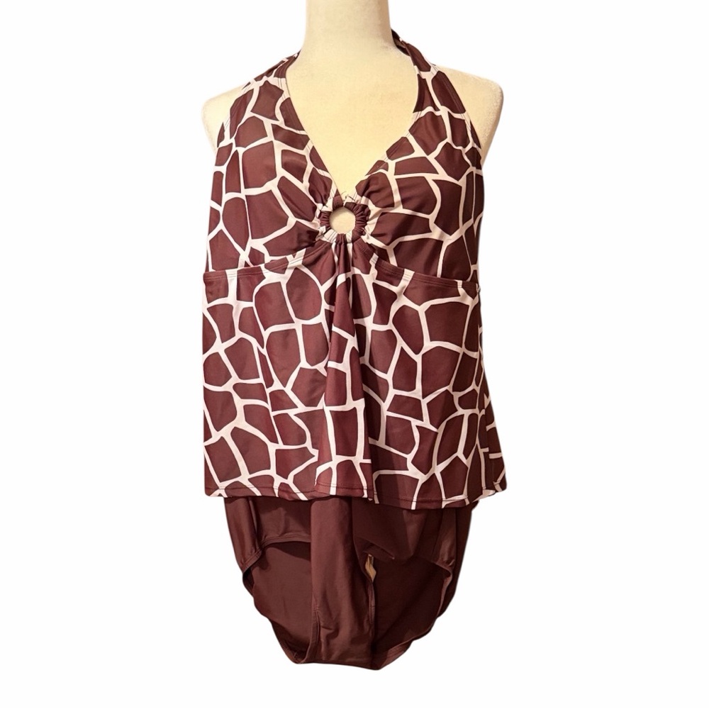 Alicia Simone Halter Swimsuit One Piece Giraffe/Animal Print Brown and White